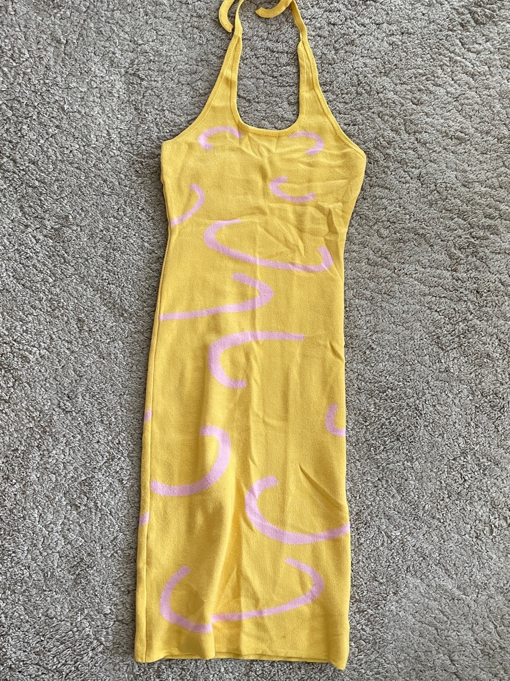 Yellow Halter Knit Midi Dress with Pink Swirl Pattern